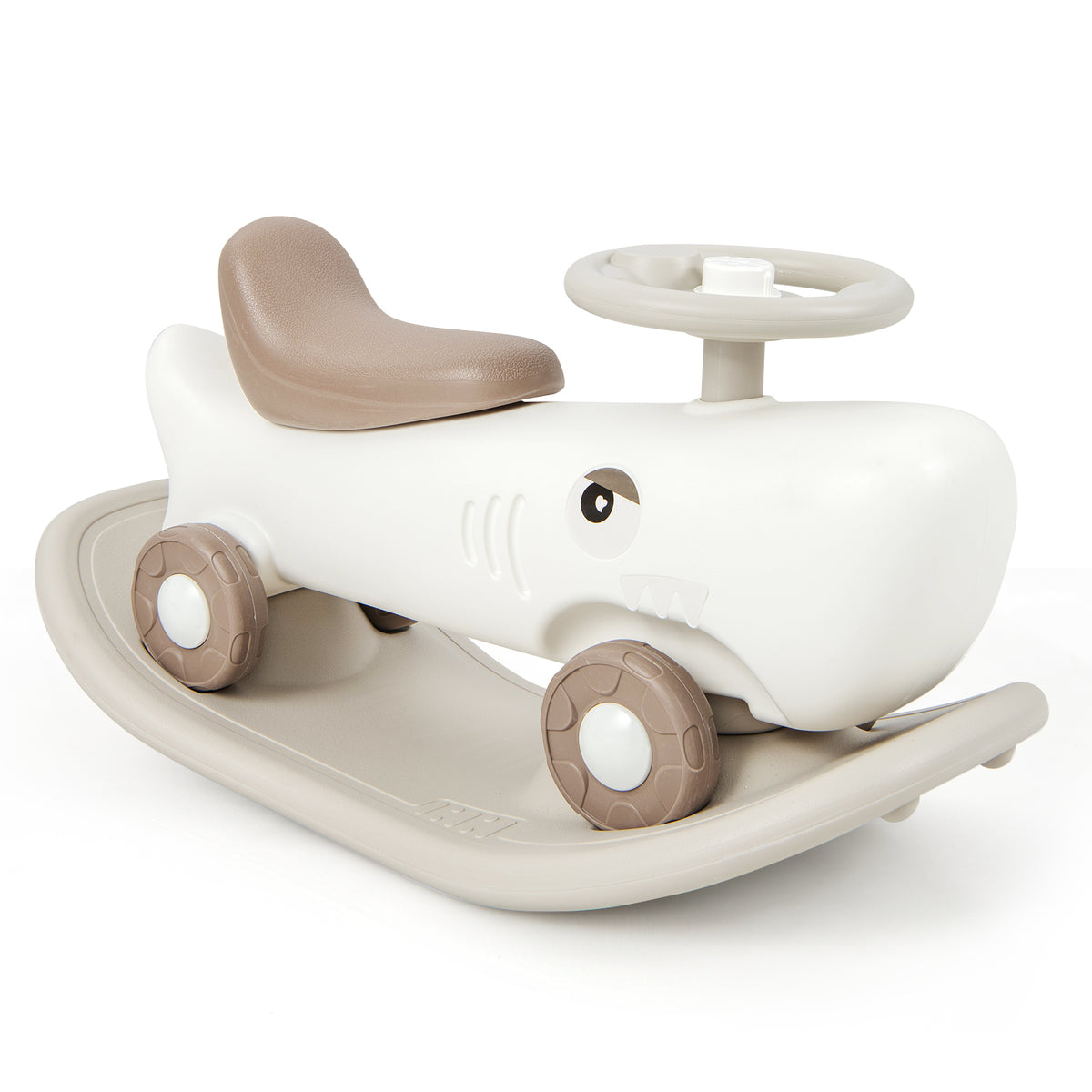 Kids 3-in-1 Convertible Rocking Horse and Sliding Car in white with a brown seat, shaped like a shark