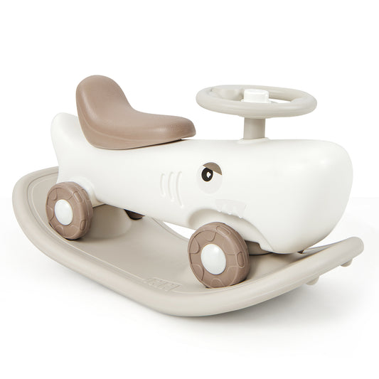 Kids 3-in-1 Convertible Rocking Horse and Sliding Car in white with a brown seat, shaped like a shark