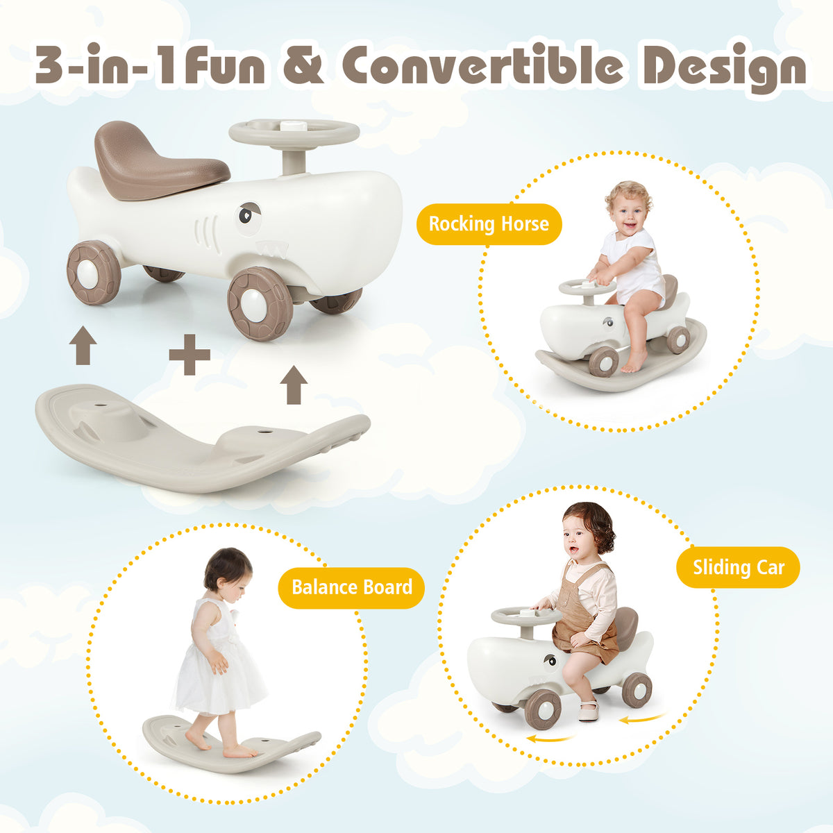 Diagram showing the 3-in-1 convertible rocking horse and sliding car functions: rocking horse, balance board and sliding car