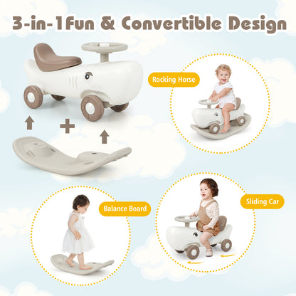 Diagram showing the 3-in-1 convertible rocking horse and sliding car functions: rocking horse, balance board and sliding car
