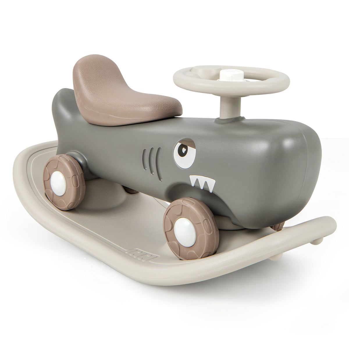 Kids 3-in-1 Convertible Rocking Horse and Sliding Car in grey with a shark design
