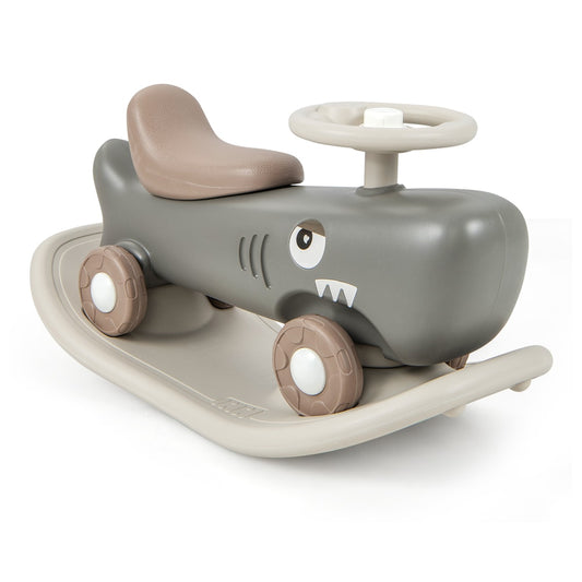 Kids 3-in-1 Convertible Rocking Horse and Sliding Car in grey with a shark design