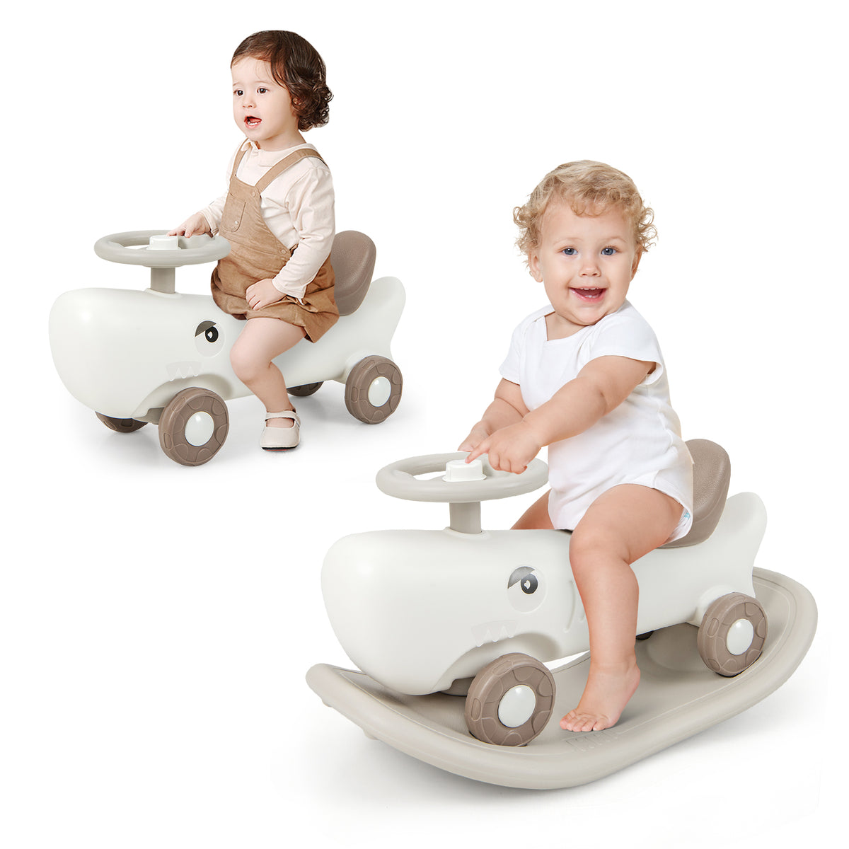 Two babies sitting on a white convertible rocking horse and sliding car, one on the rocking base and one on the wheels