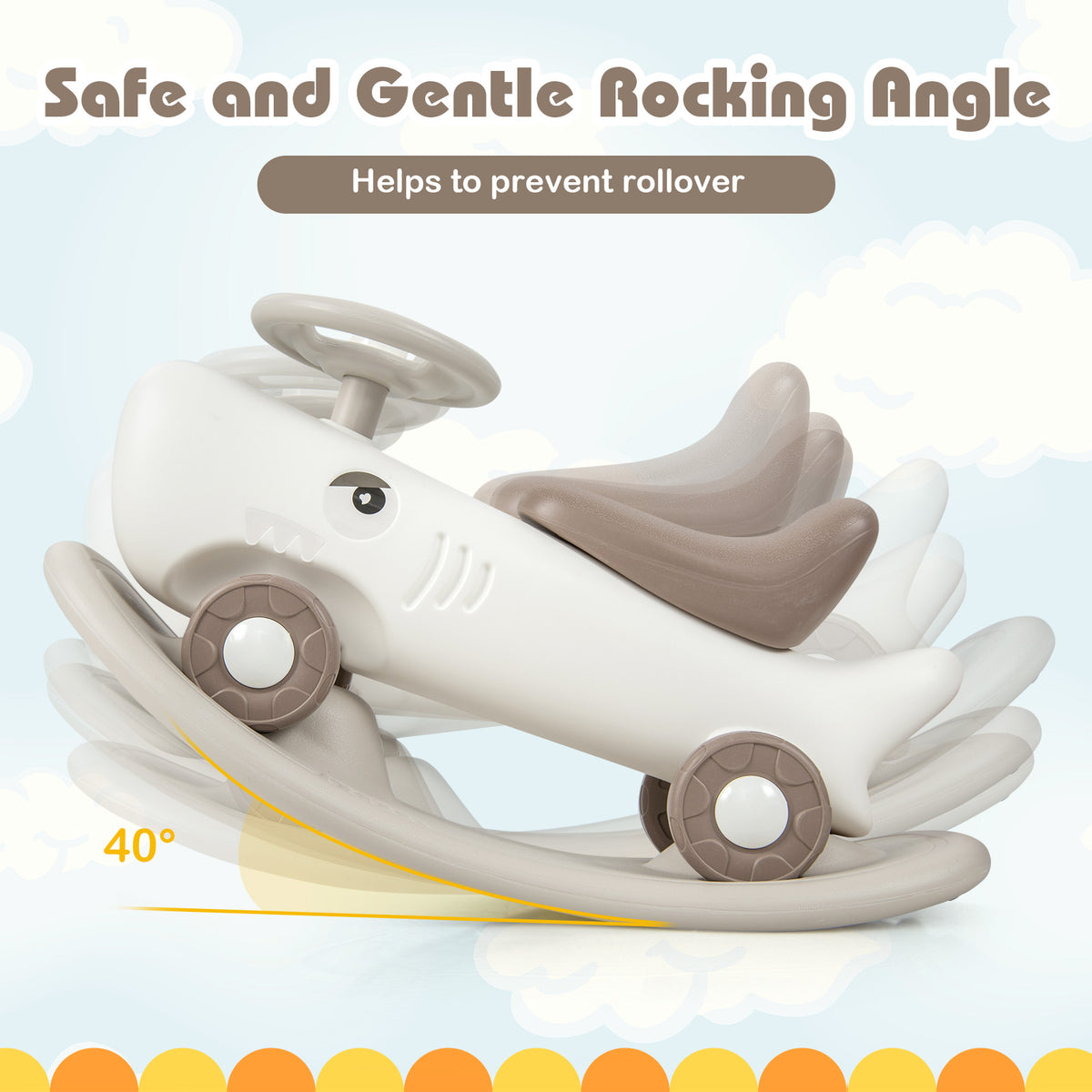 This white rocking horse and sliding car has a safe rocking angle to help prevent rollover