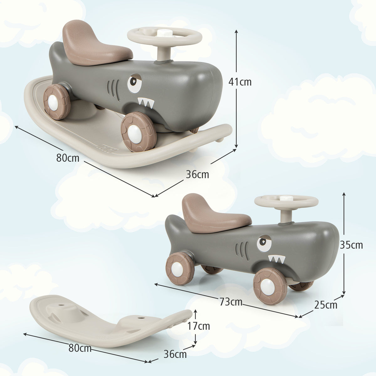 A grey convertible rocking horse and sliding car with dimensions shown