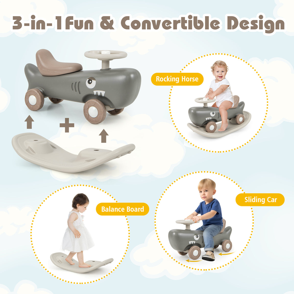 Diagram showing the three modes of the convertible rocking horse and sliding car