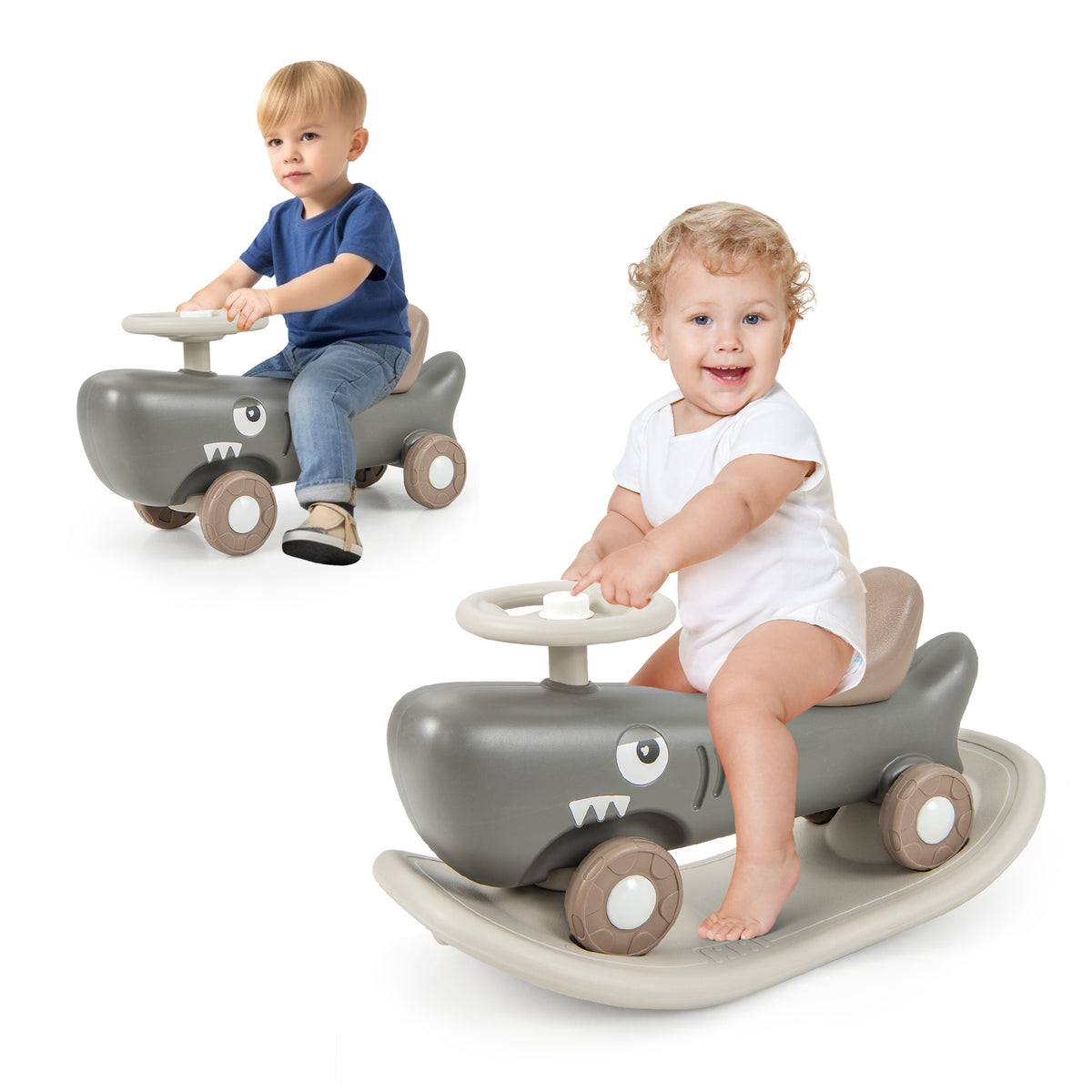 Two children playing with the grey convertible rocking horse and sliding car