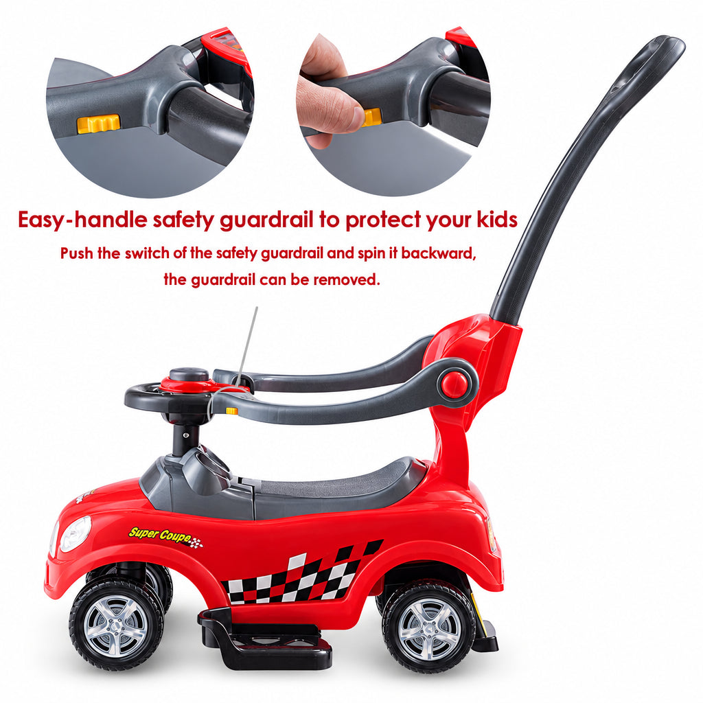 The push and pedal ride on toy showing how to release the safety guardrail with a hand