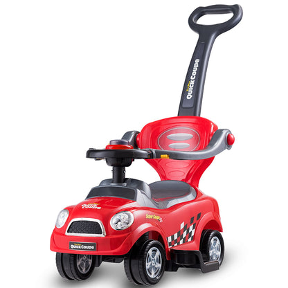 Kids 3 in 1 Ride on Car with push handle in bright red with a black steering wheel and seat