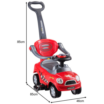 The push and pedal ride on toy with arrows indicating the height, length and width dimensions