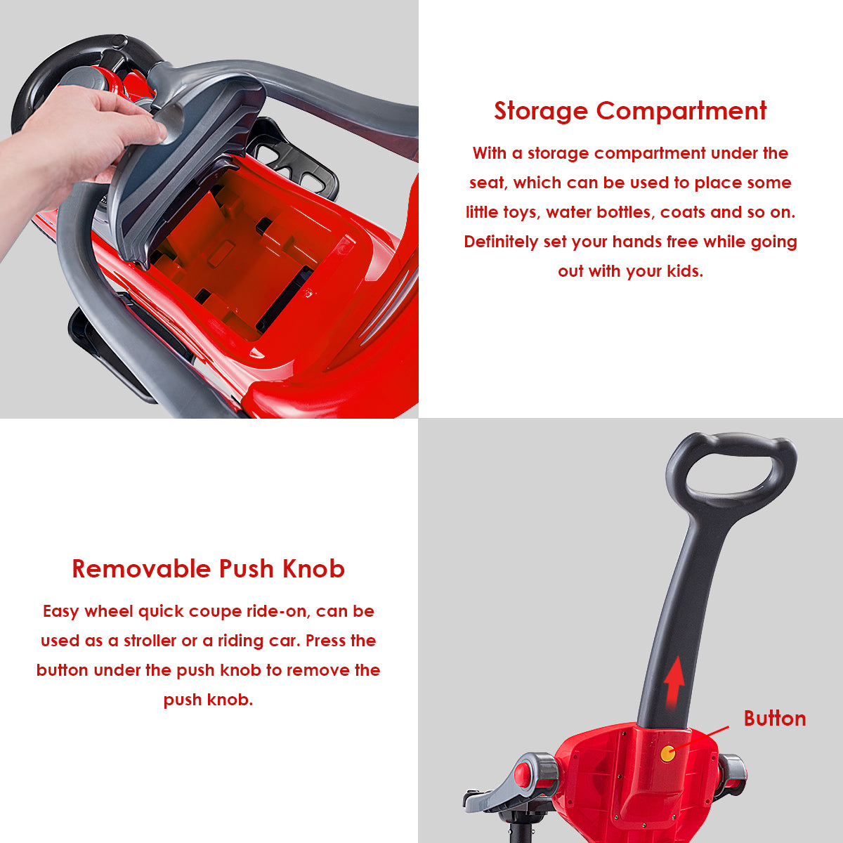 The push and pedal ride on toy showing the under seat storage and the removable push handle