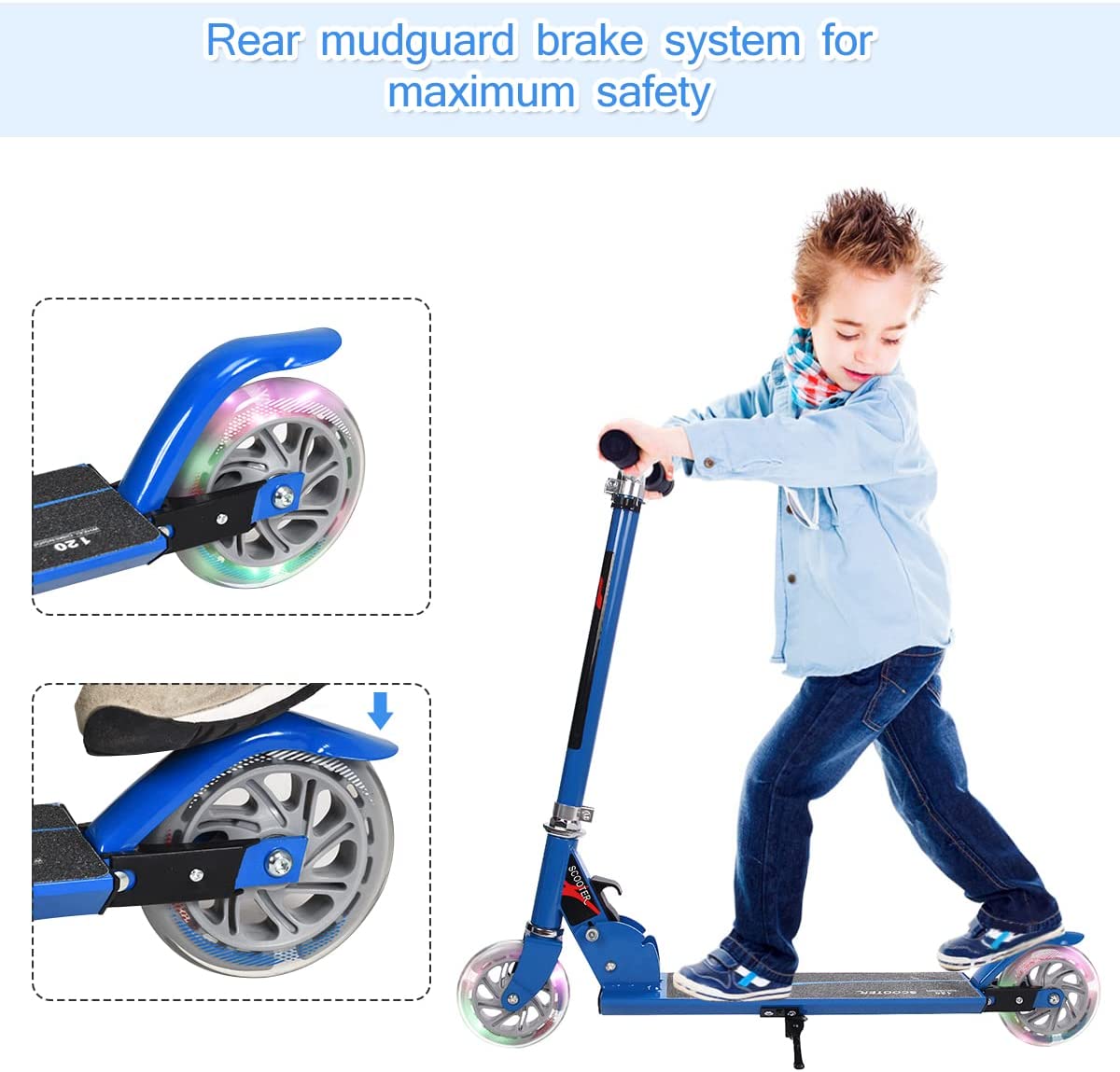 A child using the rear mudguard brake on the stunt scooter with a close-up inset