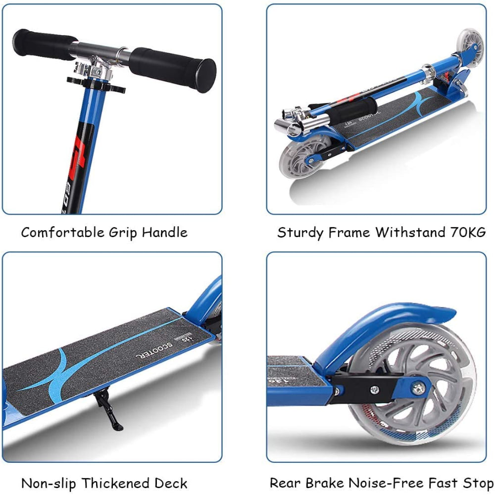 four panels showing the handlebar grip, folded frame, non-slip deck and rear wheel brake