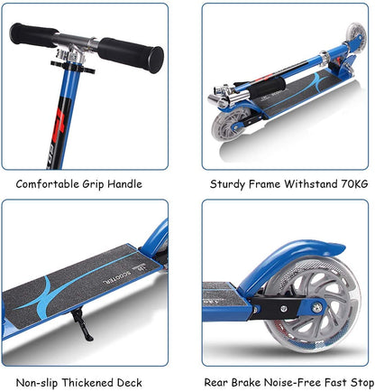 four panels showing the handlebar grip, folded frame, non-slip deck and rear wheel brake