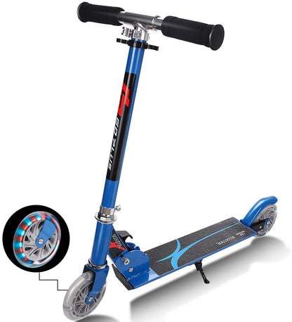 Kids Aluminum Folding Stunt Scooter with LED Wheels shown in blue with a glowing wheel detail