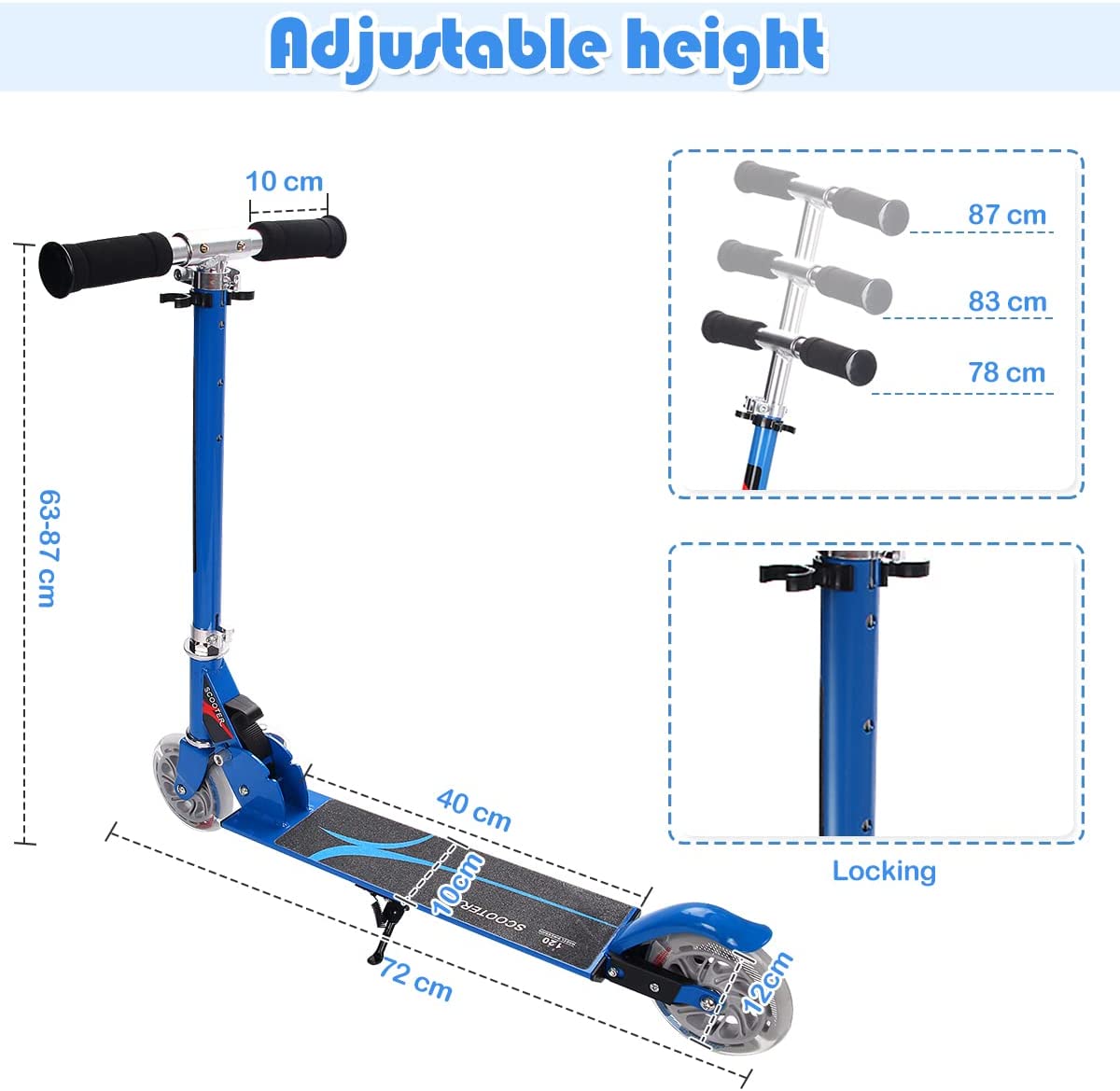The stunt scooter with a diagram showing adjustable height settings and dimensions