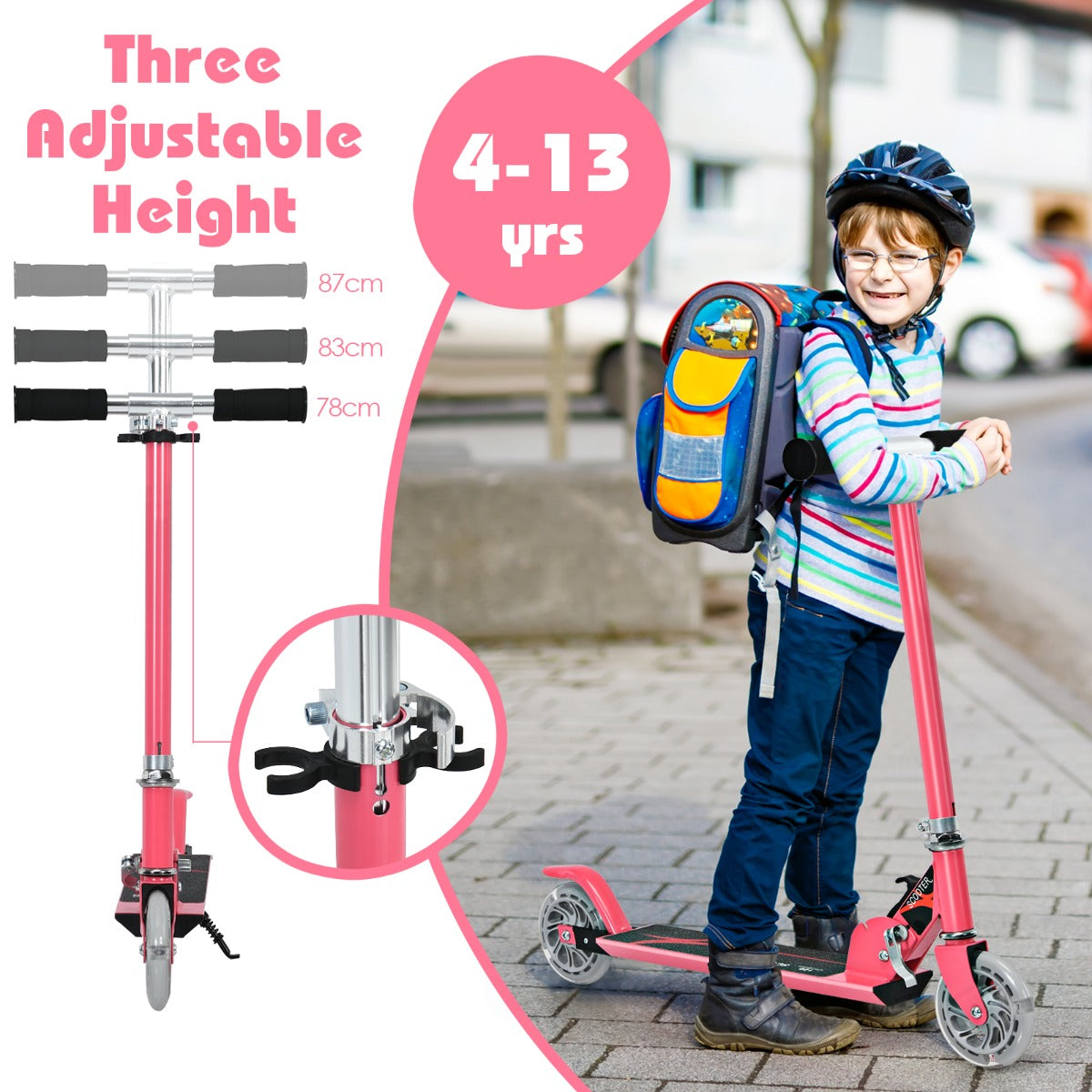 The stunt scooter shown with height adjustment details and a child riding it on a pavement