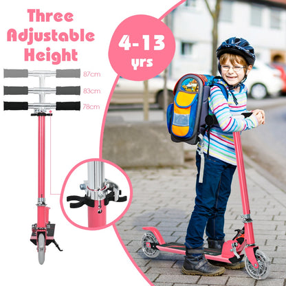 The stunt scooter shown with height adjustment details and a child riding it on a pavement