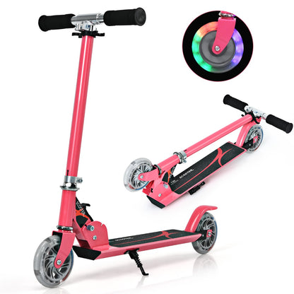 Kids Aluminum Folding Stunt Scooter with LED Wheels shown upright and folded with a wheel close-up
