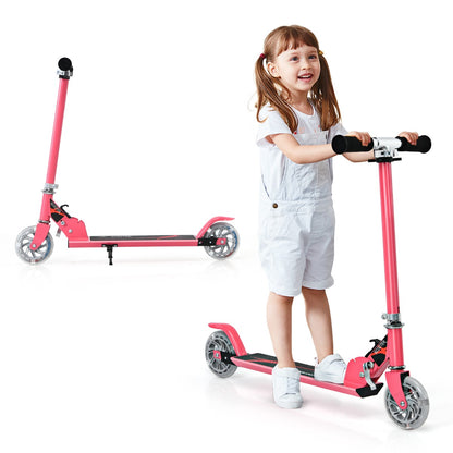 A young girl standing on the pink stunt scooter with a second scooter visible behind her