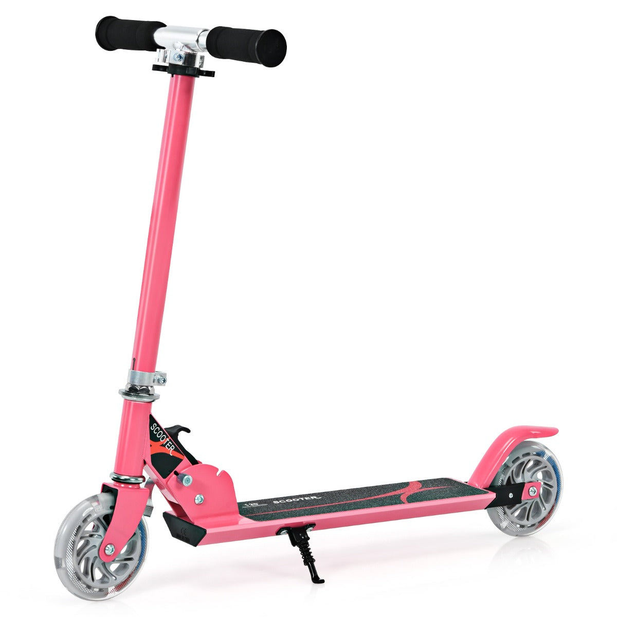 The pink stunt scooter standing on its kickstand against a plain white background