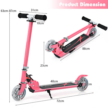 The stunt scooter shown in two positions with various dimensions marked on the frame