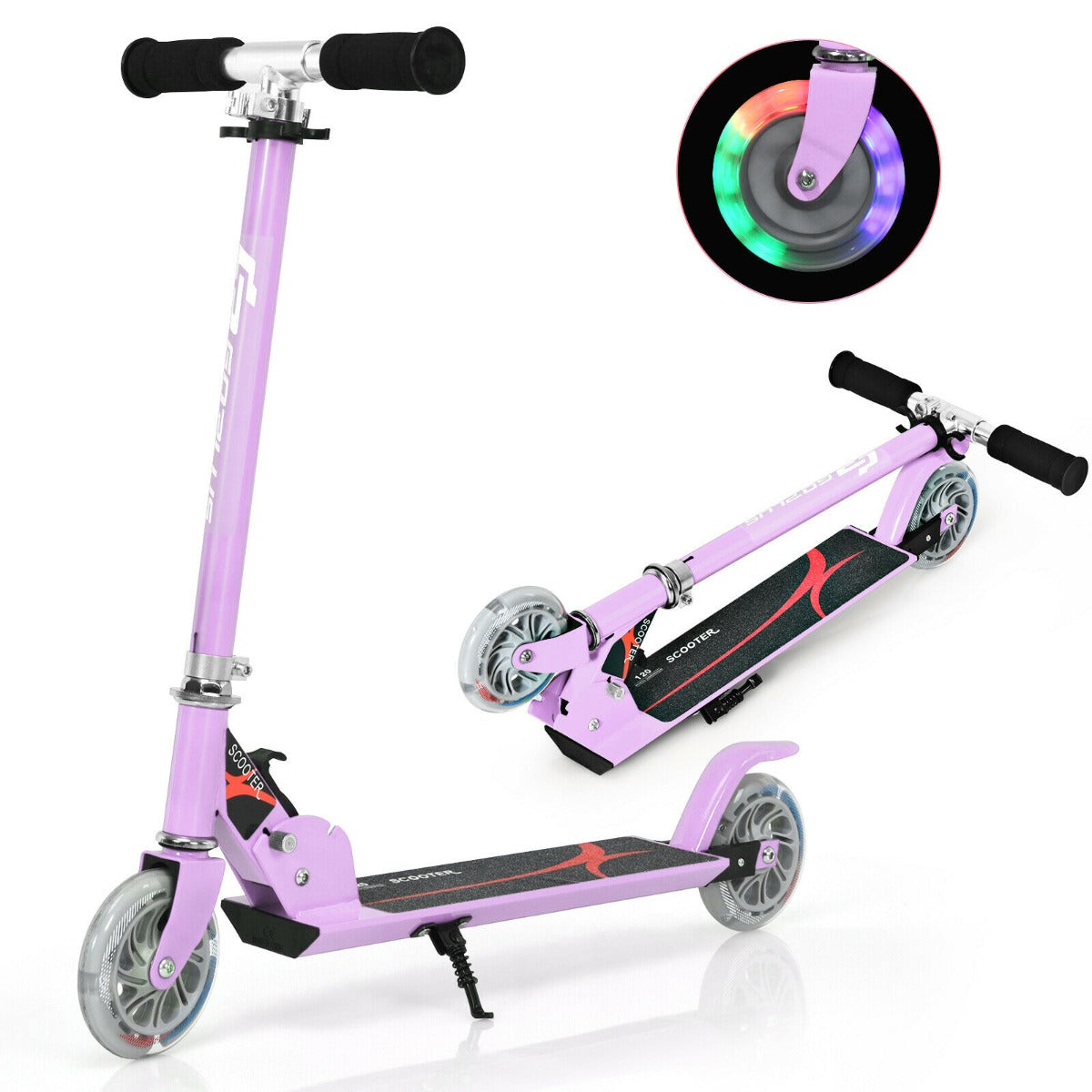 Kids Aluminum Folding Stunt Scooter with LED Wheels in purple with flashing wheels