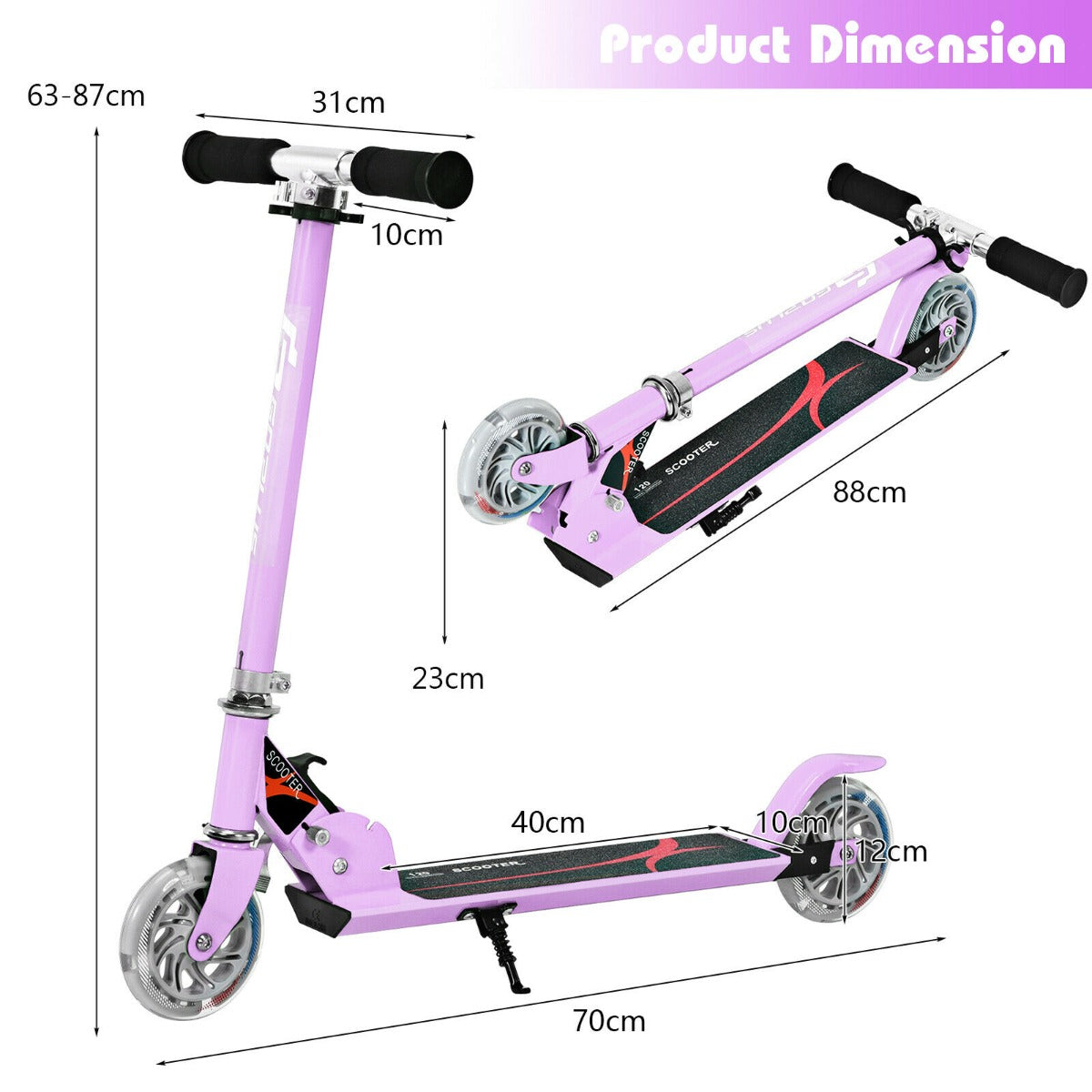 Diagram showing the dimensions of the purple folding stunt scooter