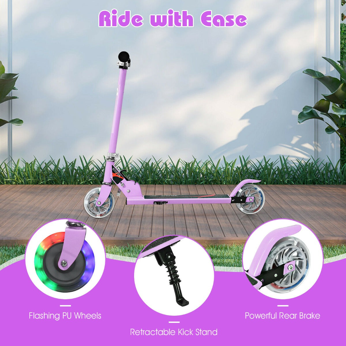 Close up of the purple scooter showing flashing wheels, kick stand and rear brake