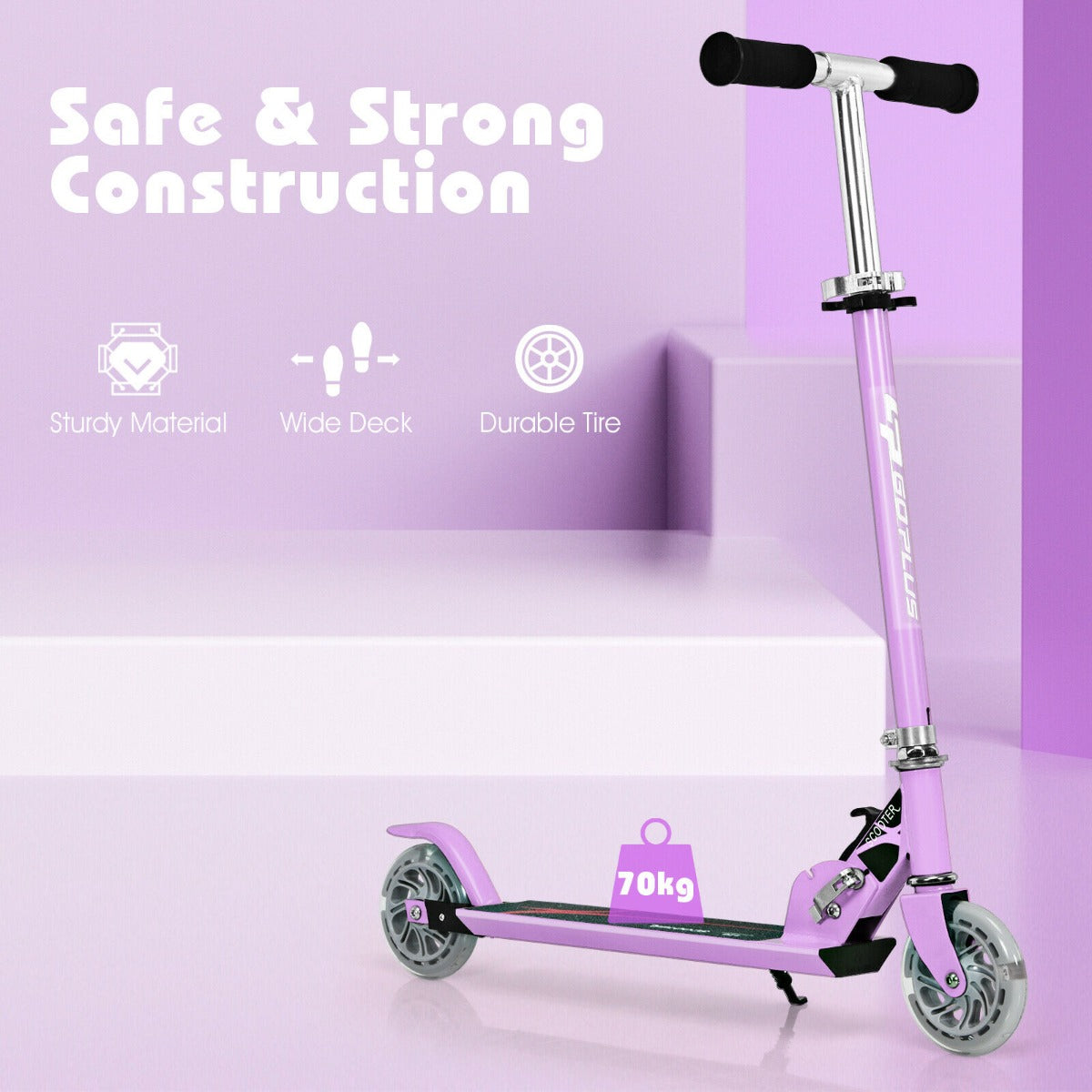 Purple stunt scooter with text about safe and strong construction