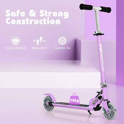 Purple stunt scooter with text about safe and strong construction