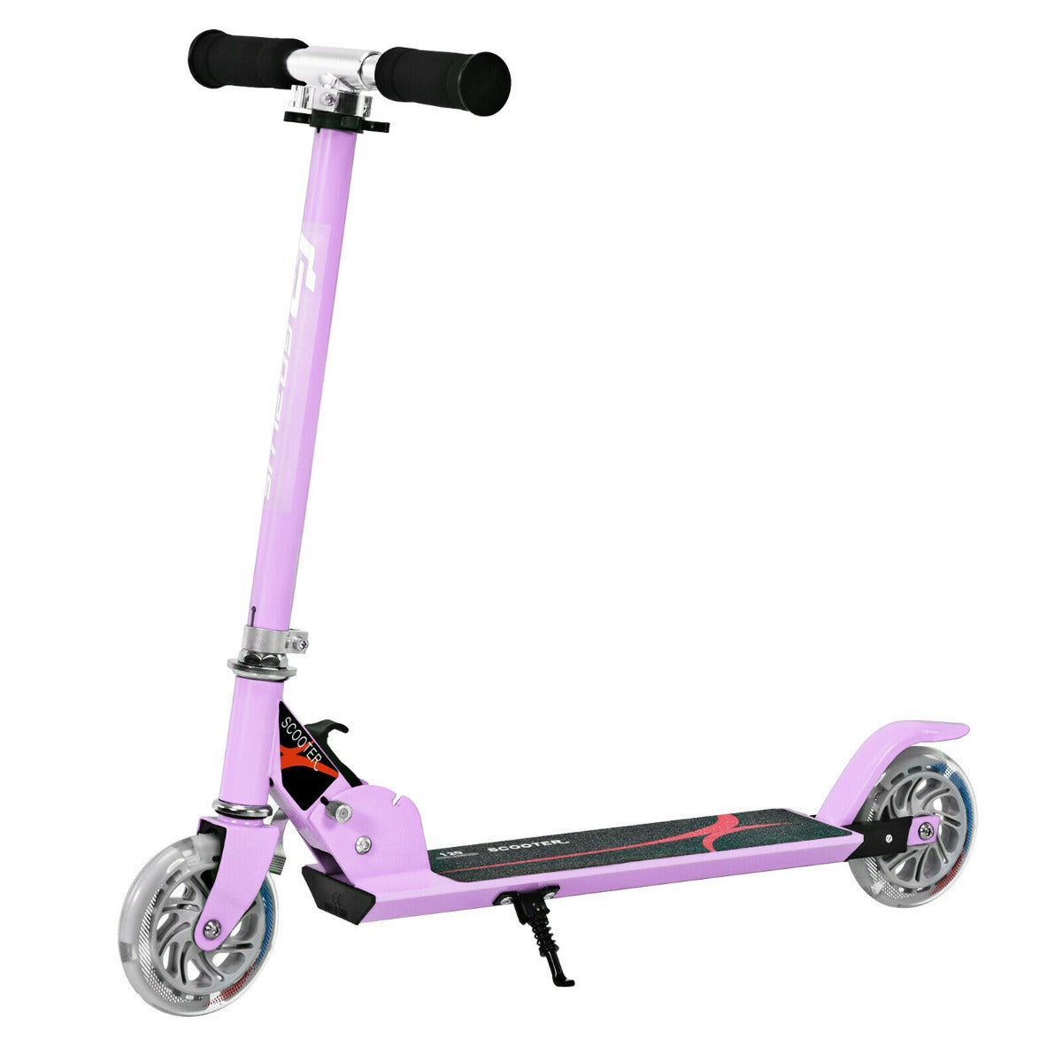 Purple stunt scooter standing on its kick stand