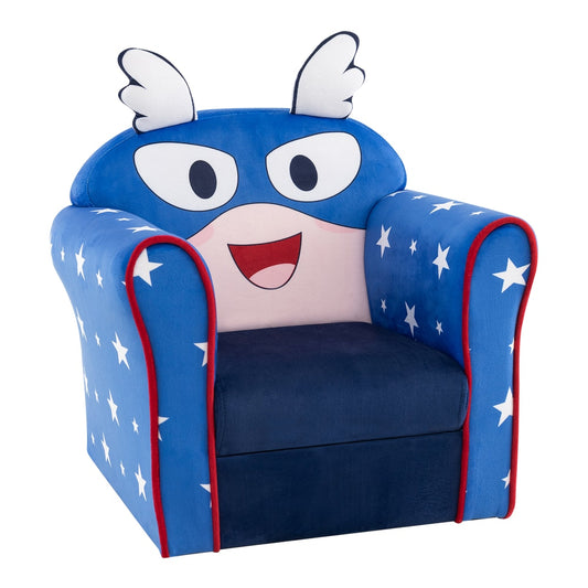 Kids Armchair with Soft Cushion and Cute Pattern in blue with white stars and red trim, featuring a superhero face design