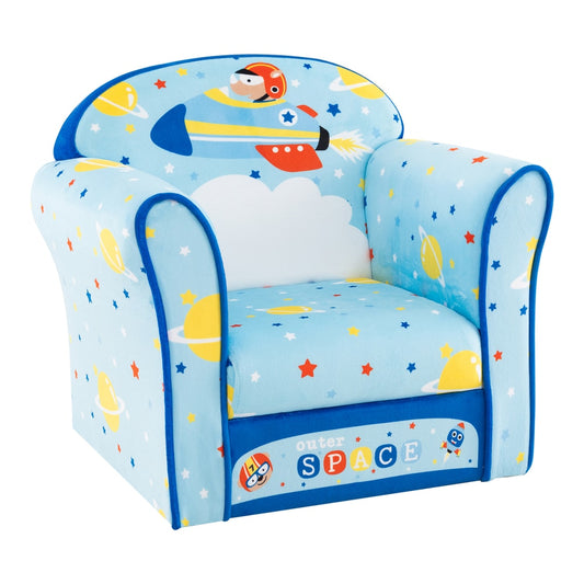 Kids armchair with soft cushion and cute pattern in blue with a space theme