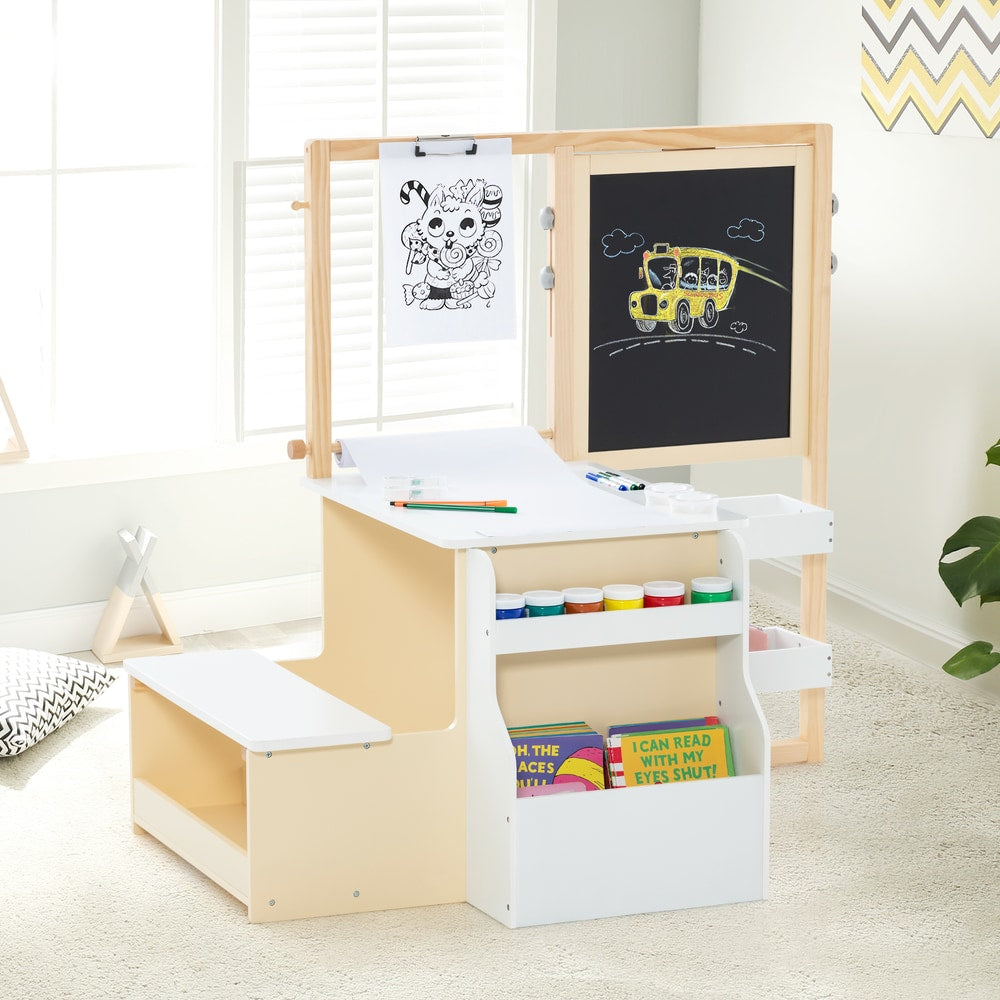 The art easel table and bench set with a child drawing on the chalkboard