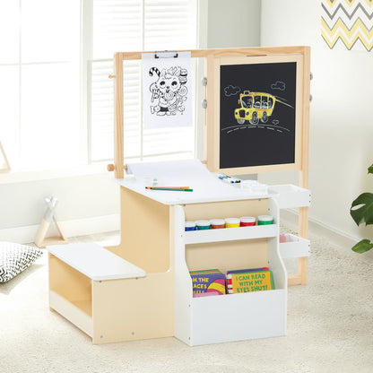 The art easel table and bench set with a child drawing on the chalkboard