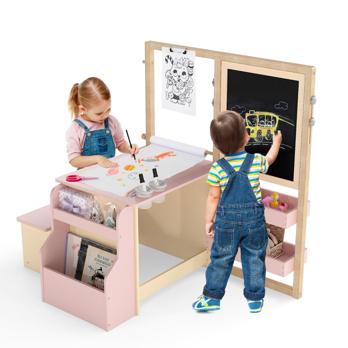 The pink kids table and chair set with two children drawing