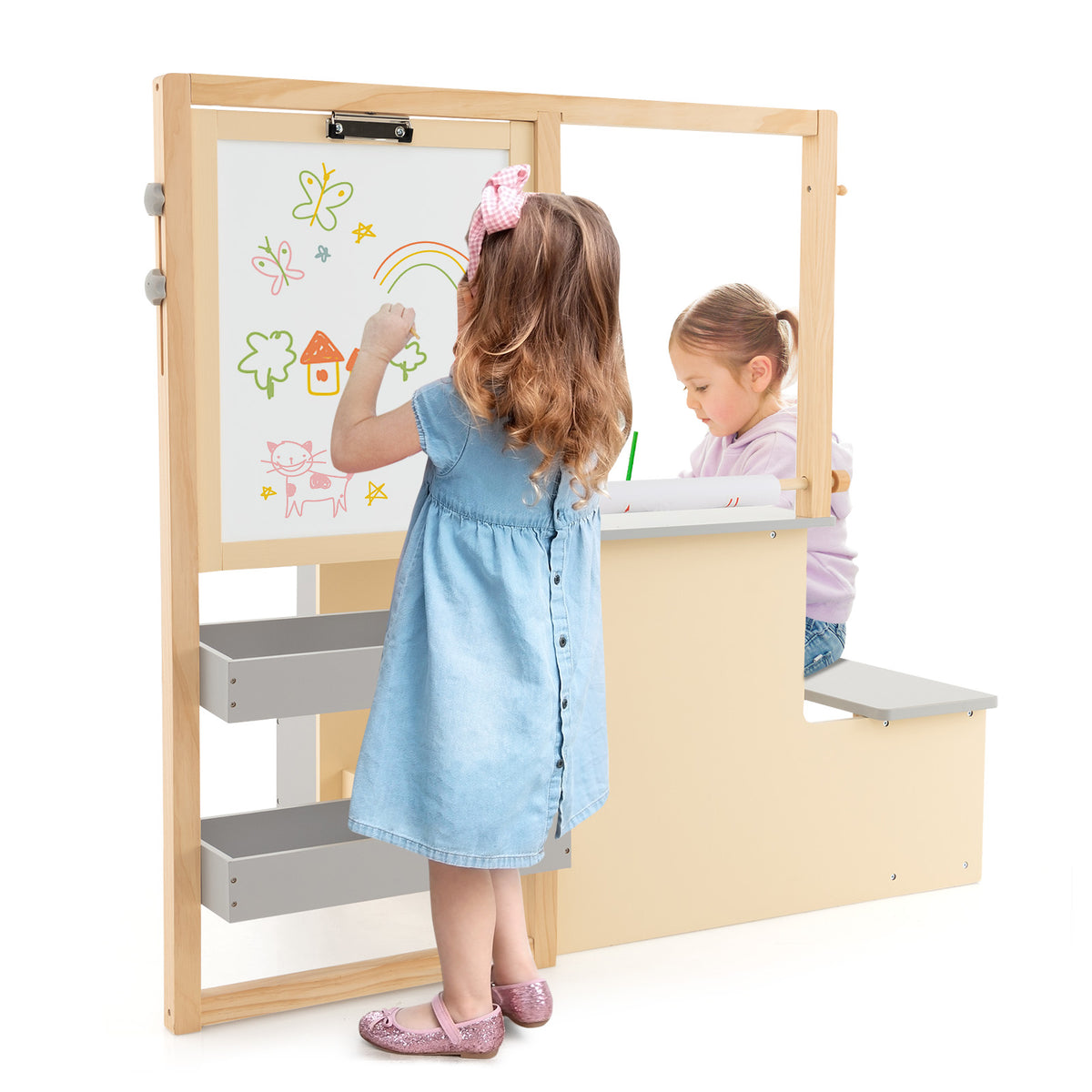 Two children drawing and playing at the kids art easel table and bench set