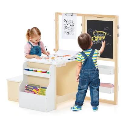 Two children using the art easel table and bench set