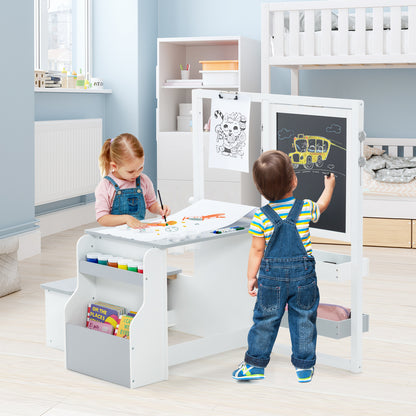 Two children using the art easel table and bench set in a playroom