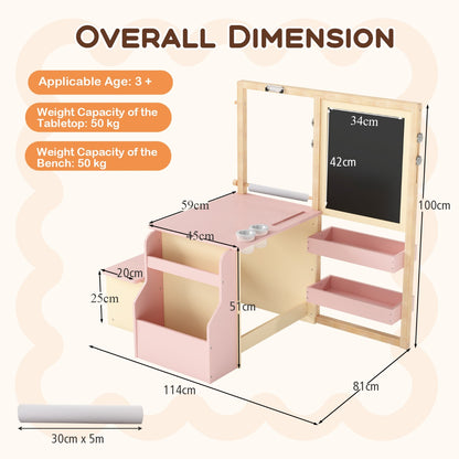 Overall dimension diagram for the pink kids table and chair set