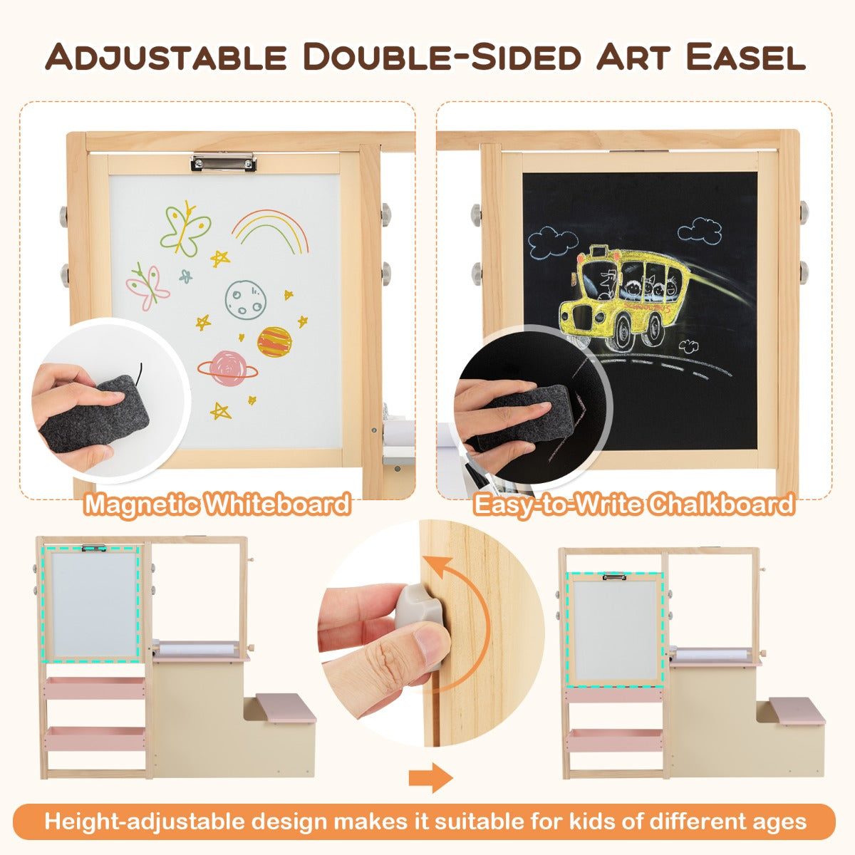 Close up of the adjustable double-sided art easel on the kids table and chair set