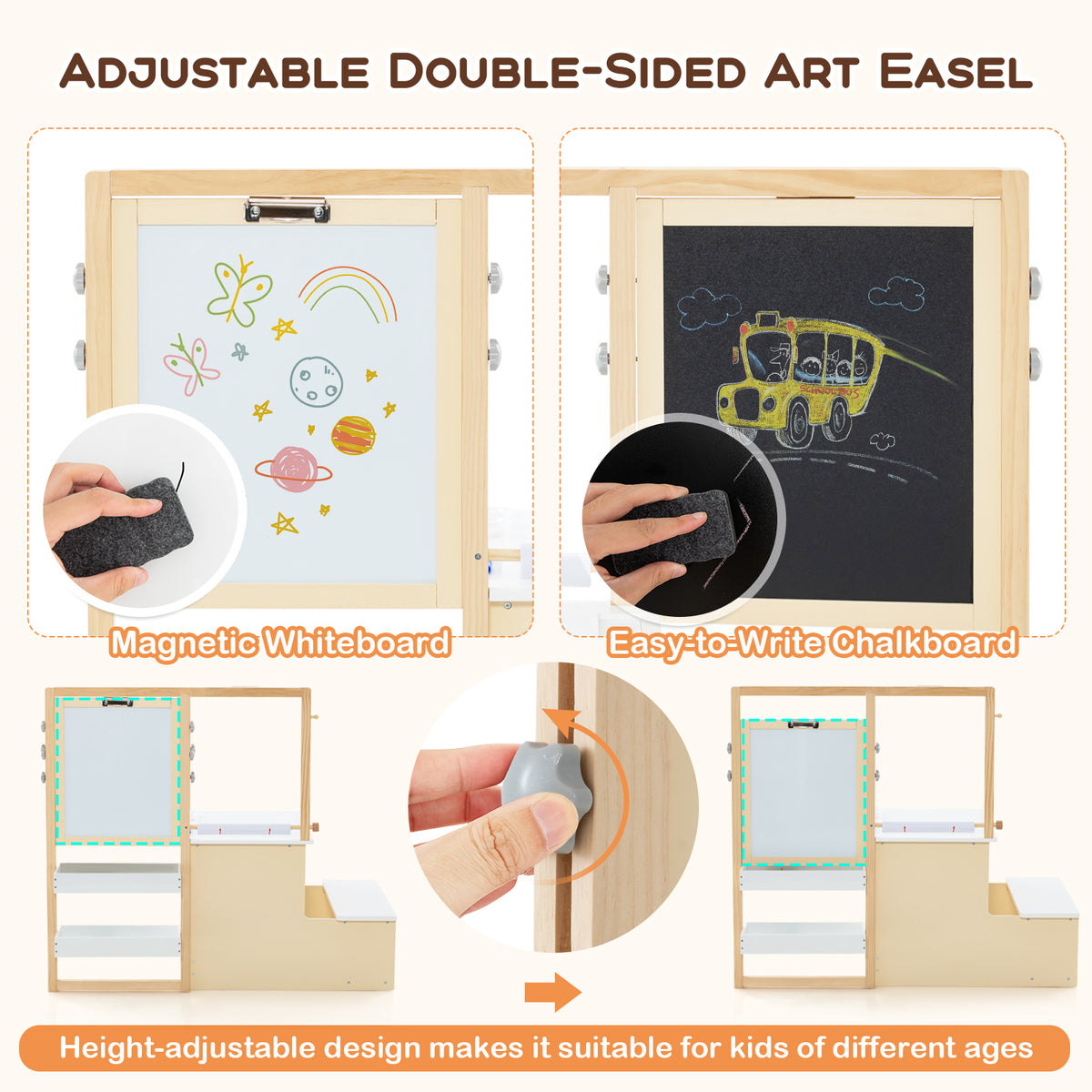 The adjustable double-sided art easel with whiteboard and chalkboard