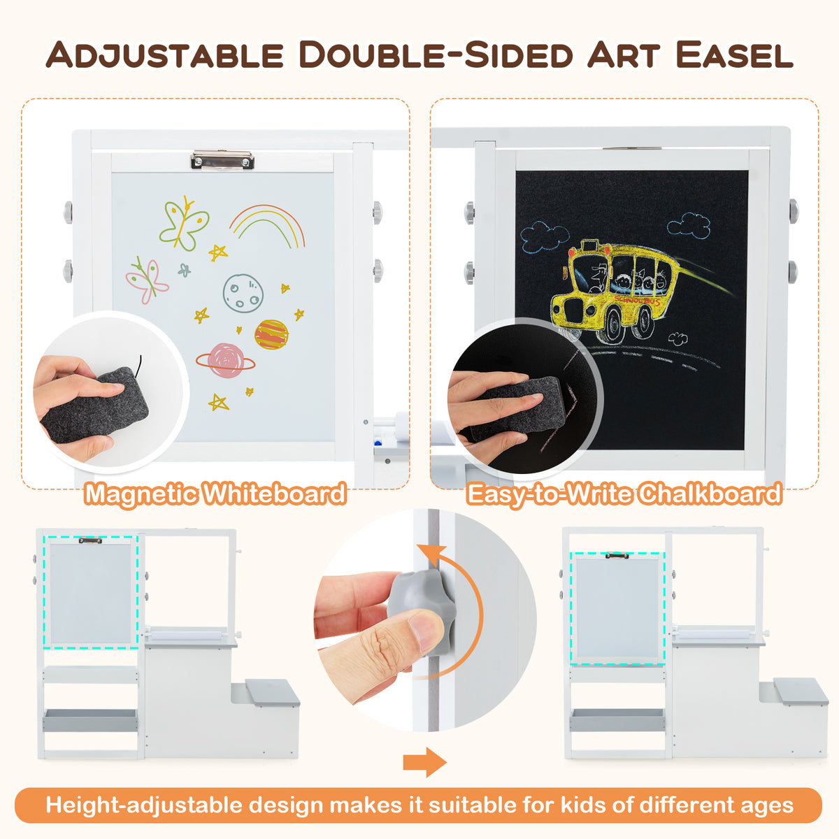 Adjustable double-sided art easel with magnetic whiteboard and easy-write chalkboard