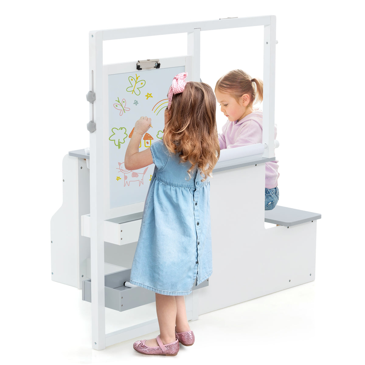 Kids Art Easel Table and Bench Set with adjustable easel and bookshelf in light grey
