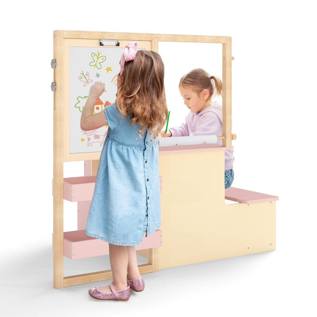 Kids Art Easel Table and Bench Set with adjustable easel and bookshelf in pink