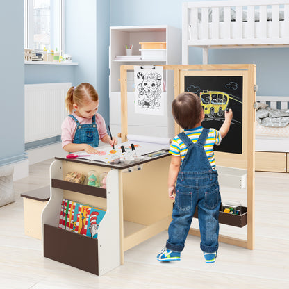 The kids table and chair set in a bedroom with two children drawing and writing on the board