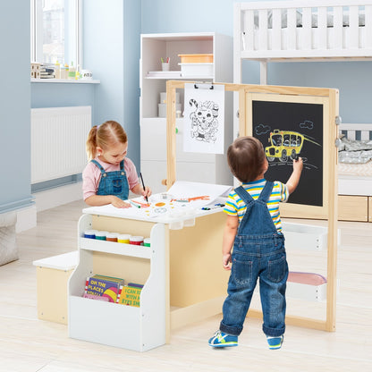 The art easel table and bench set in a room with two children using it