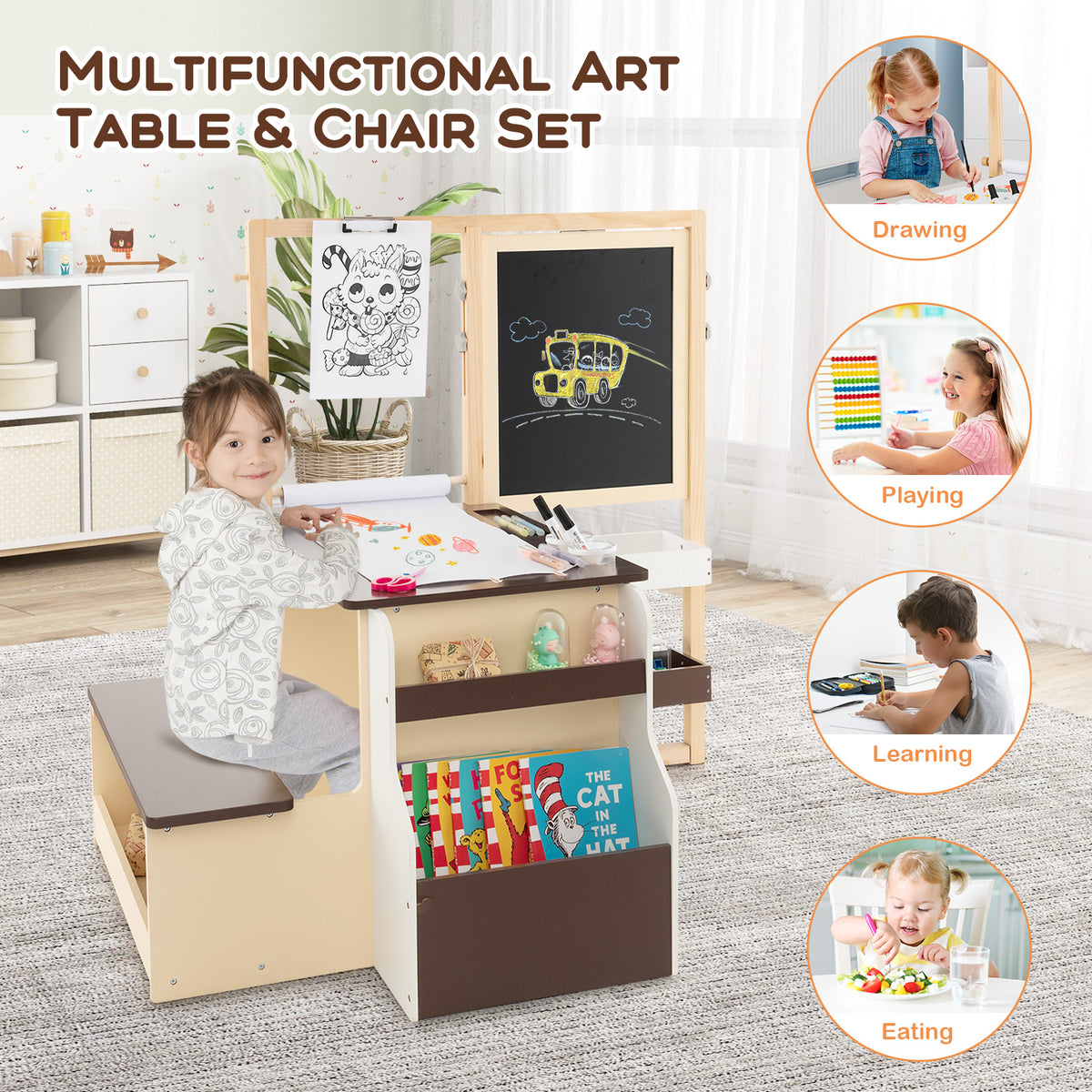 The kids table and chair set shown with circular insets of children using it for various tasks