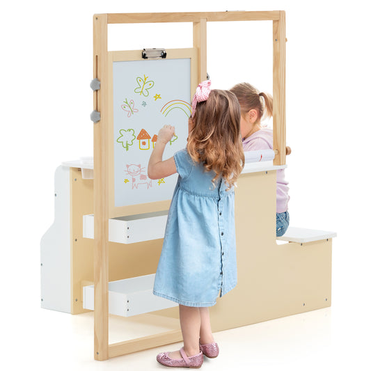 Kids Art Easel Table and Bench Set with a girl drawing on the whiteboard side